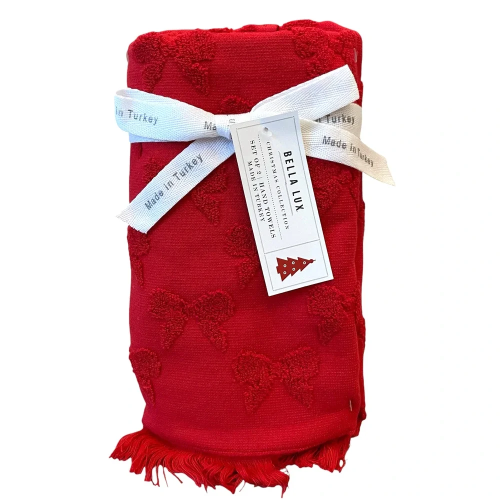 Bella Lux RED BOWS Hand Towel Set of 2 Chic Holiday Bathroom Decor New